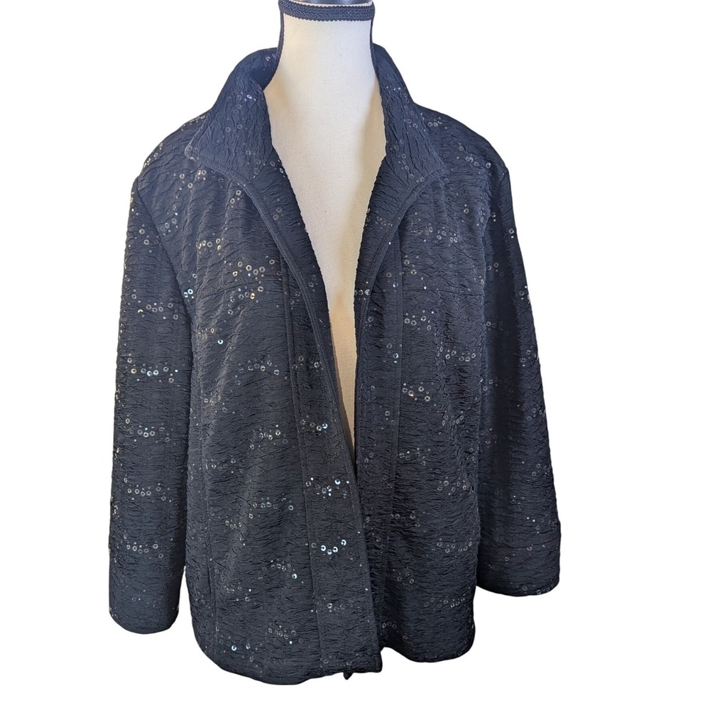 Dressbarn Womens XL Black Crinkle Sequin Open Front Jacket Evening 3/4 Sleeve